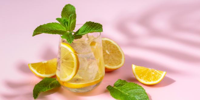 Glass of seltzer with fruit and mint.