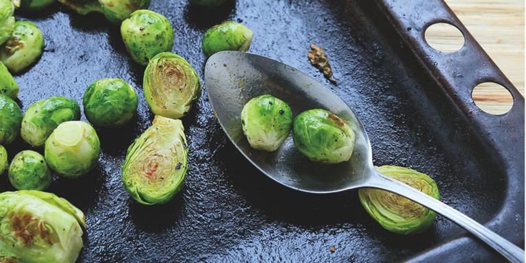 a sheet pan of roasted brussels sprouts